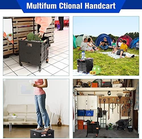 Utility Cart Folding Portable Rolling Crate Handcart with Lid Durable Heavy Duty Plastic Telescoping Handle Collapsible 360 Degree Rotate Wheels for Travel Shopping Moving Luggage Office Use,Black - Image 6