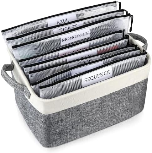 Board Game Storage Kit Include Storage Basket and 10pcs Zipper Bags, Board Game Organizer with Writable Stickers and Dispensing, Suitable for Puzzle Storage, Toys, Document (1 Pack-Grey) by LuKeline