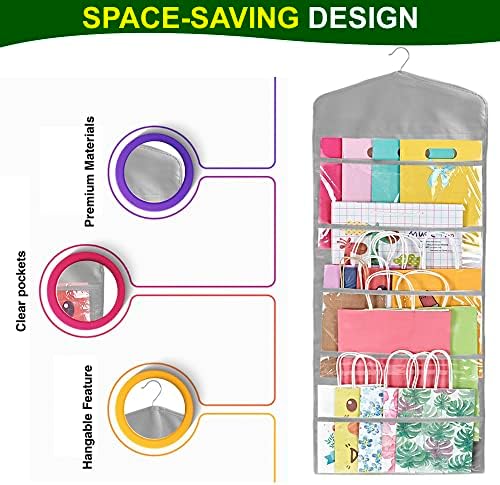 ProPik Hanging Double Sided Gift Bag Storage Organizer with Multiple Front and Back Pockets - Organize Your Gift Wrap, Tissue Paper, and Paper Bags 38 x 16 Inch PVC (Gray) - Image 4