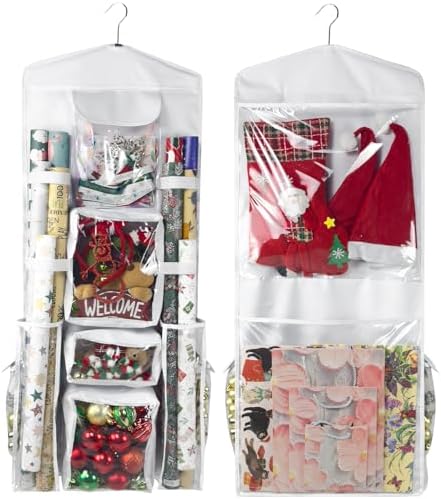Wrapping Paper Organizer, Double-Sided Hanging, Over Door Gift Wrap Storage with Multiple Pockets, Side Pockets, Elastic Straps, Organize Ribbons, Bows, Tools, Space-Saving Closet,Cabinet Design,White by Vexalora