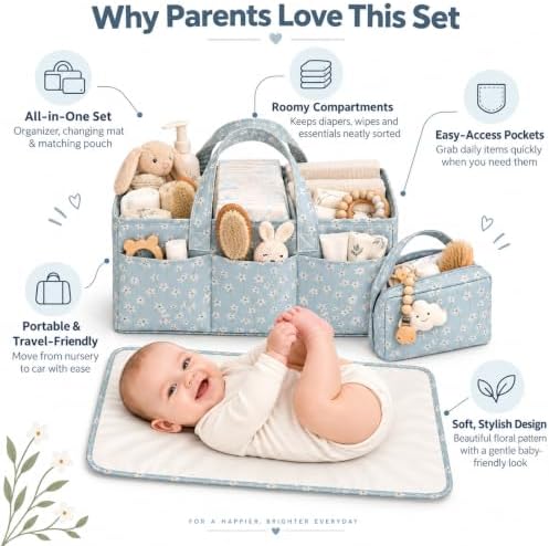 PeraBella Baby Diaper Caddy Organizer 3 Pcs Set, Floral Baby Basket Shower Gift, Nursery Organizer Basket for Newborn Boy Girl Essential Items, Changing Table Organizer Caddy for Baby Stuff, Car Caddy - Image 5