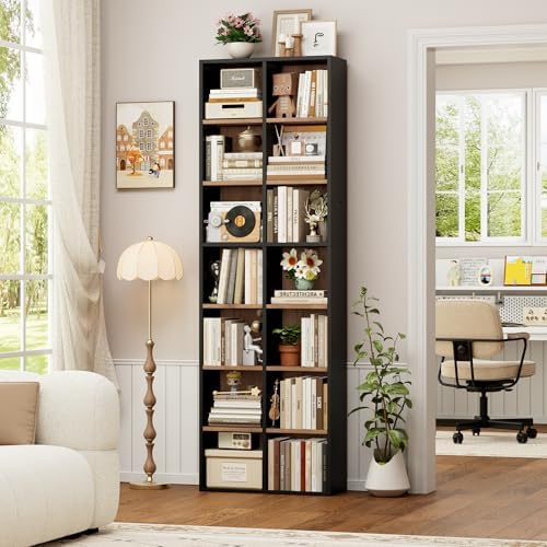 FOTOSOK Bookshelf Bookcase 7-Tier Narrow Bookshelf Tall DVD CD Media Shelf - Image 2