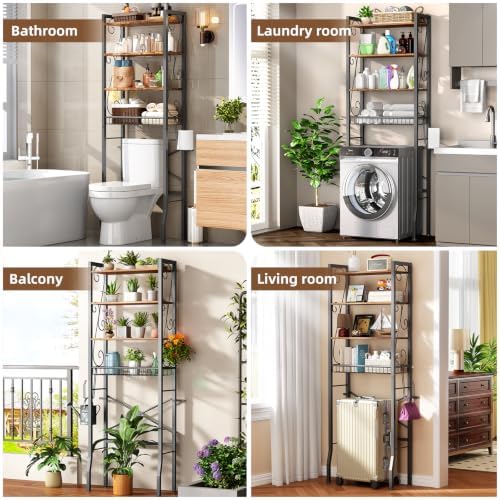 Over-The-Toilet Storage Rack 4-Tier,Bathroom Organizer Shelf Over Toilet,Adjustable Wooden Shelves and Basket,Freestanding Above Toilet Shelf,Space Saver for Rooms(Black Rack-Rustic Brown Shelves) - Image 6