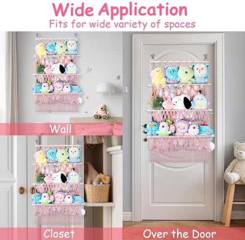 3 Tier Hanging Stuffed Animal Storage Shelf, 24x39 Inch Plushy Net,Pink - Image 4
