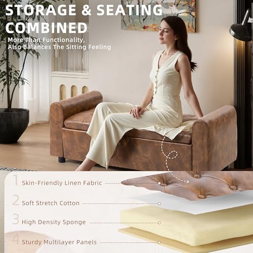 48" Ottoman with Storage, Tufted Storage Ottoman Bench, Convenient Living Room Fabrics Bench Seat, Entryway Shoe Benches with Inner Zipper & Arm, Rivetless Upholstered Window Seat Ottomans, Brown - Image 6