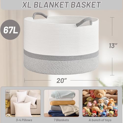 67L Large Blanket Basket, 20"x13" Blanket Basket Living Room, Woven Baskets With Handle, Toy Baskets for Blankets, Nursery, Dog, Pillow, Gift (White & Light Grey) - Image 6