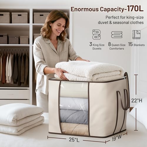SLEEPING LAMB 170L Huge Blanket Storage Bag, Sturdy Oxford Fabric Comforter Storage Bag with Handles and Window, Foldable Bedding Container Organizer for King-size Duvets, Sheets, Pillows, Clothes - Image 2