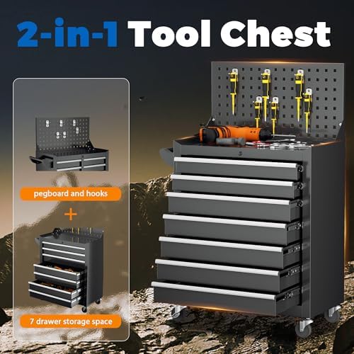 INTERGREAT 7 Drawers Rolling Tool Box with Pegboard,Portable Tool Chest with Wheels, Tool Box Organizer with Locking System for Garage(Black) - Image 6