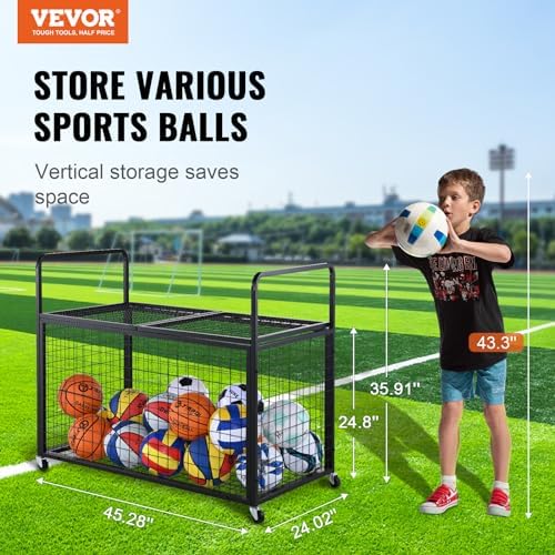 VEVOR Rolling Sports Ball Storage Cart, Lockable Basketball Cage with Double Lids, Sport Equipment Holder Organizer for Indoor Outdoor, Steel Storage Rack for Garages, Playgroup, Gym and Schools - Image 2