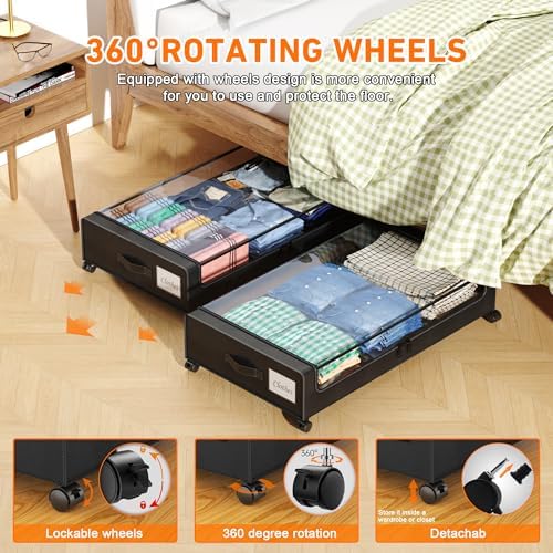 Under Bed Storage with Wheels, 2 Pack Under Bed Storage Containers with Clear Lids, XXL 65L Under Bed Storage Organizer, Rolling Under Bed Metal Drawer for Blanket, Clothes, Shoes (31 x 17 x 6.69 in) - Image 3