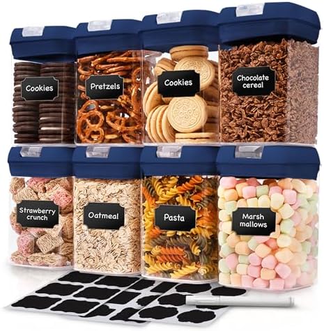 Set of 8 Airtight Food Storage Containers - Pantry Organizer Bins, BPA Free Plastic Containers plus Dry Erase Marker and Labels, Navy by Alphx+Innovations