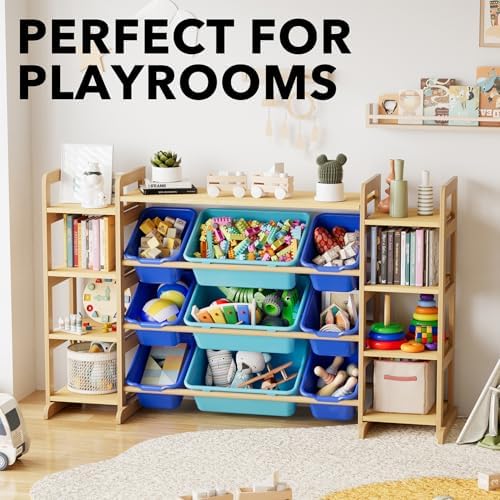 SpaceAid Large Toy Storage Organizer 9 Shelves 9 Bins, Toy Organizers Storage Bookshelf, Kids Bin Shelf Toys Box Bookcase for Bedroom Playroom Organization Room Decor, Blue and Navy Blue - Image 2