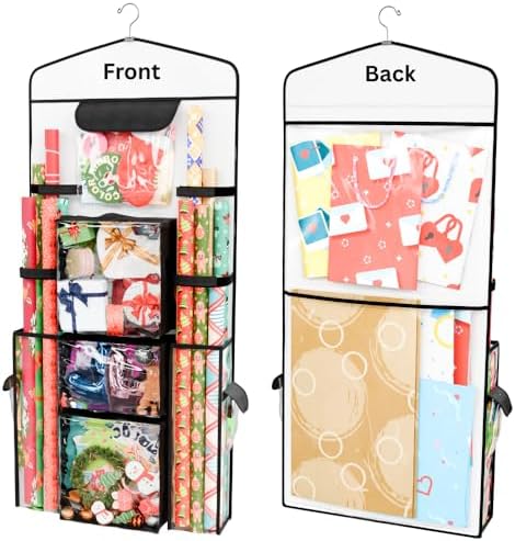 ProPik Hanging Double-Sided Gift Wrap Organizer, Wrapping Paper Storage with Multiple Front and Back Pockets, Organize Your Gift Bags Bows Ribbons 40”X17" Fits 40 Inch Rolls (Black seam) by ProPik