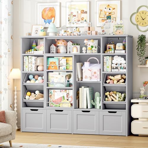 FINETONES Toy Storage with Sliding Bookshelf, Toy Organizer with 4 Bins by finetones
