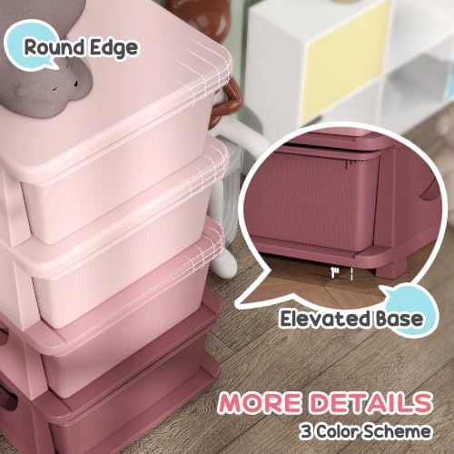 Qaba 4 Drawers Kids Storage Unit 4 Tier Toy Organizers Pink - Image 4
