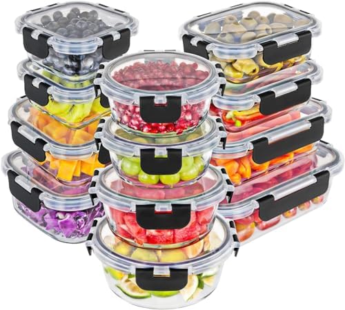 Magic Mill Premium Borosilicate Glass Food Storage Containers with lids Set | 24pc Sets with 12 Bowls & 12 Airtight Locking Lids for Lunch & Meal Prep, Safe for Oven, Freezer, Dishwasher, BPA-Free by magicmill