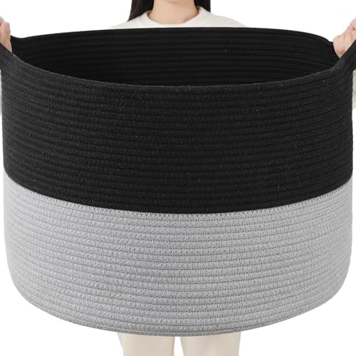 Foldable Laundry Hamper Basket with Collapsible Handle Cotton Rope Soft Woven Fabric Storage Organizer Clothes Toys Nursery Bedroom Dorm Space Saving Bin (Black & Grey, 115L(23.6"D x 15.7"H)) by BEVOVBE