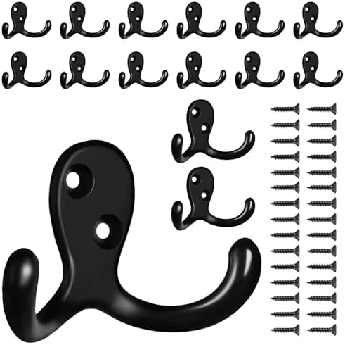 CBWLWJ 15 Pack Coat Hooks Wall Hooks for Hanging, Heavy Duty Double Prong Metal Hook Wall Mounted for Living Room, Bathroom, Kitchen, Bedroom for Coat, Bag, Scarf, Towel, Hat, Key, Cup (Black) by CBWLWJ