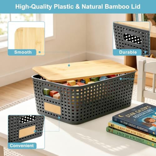 Bagnizer Small Plastic Storage Bins with Bamboo Lids 5.2qt Stackable Box Basket Pantry Decorative Containers Cute with Lable for Organizing Desktop Closet Office Gray of 6 packs 10 * 7.2 * 4.1" - Image 4