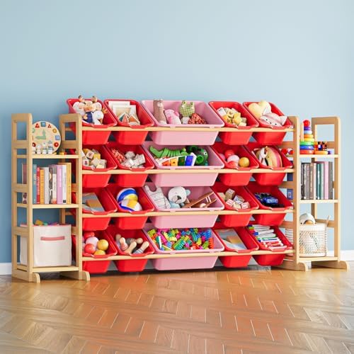 SpaceAid Toy Storage Organizer with 6 Shelves and 20 Bins, Toy Organizers Storage Bookshelf, Kids Bin Shelf Toys Box Bookcase for Bedroom Playroom Organization Room Decor, Red and Pink by SpaceAid