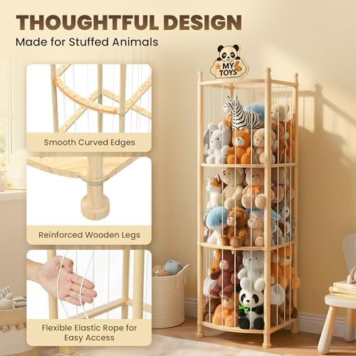 Stuffed Animal Storage Organizer, Wooden Toy Storage Organizer & Plush Storage Tower with Elastic Cords, Stuffed Animal Zoo for Kids Bedroom, Playroom & Nursery, Solid Pine, 15.7 x 15.7 x 53.5 In - Image 4