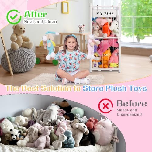 GLDZI Stuffed Animal Storage Zoo, Wooden Stuffed Animal Organizer with Elastic Cords for Boys Girls, Space Saving Toy Plushies Storage Holder for Playroom, Bedroom, Living Room (White, Small) - Image 4
