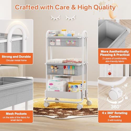 Modanais Baby Diaper Caddy Organizer Cart - 3 Tier Rolling Cart, Light Gray - Image 3