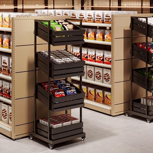 LITTLE TREE 4-Tier Basket Stand with Locked Wheels, Mobile Fruit and Vegetable Storage, Floor Stand Rack, Utility Shelf, for Kitchen, Living Room, Pantry (Black, 2) - Image 7