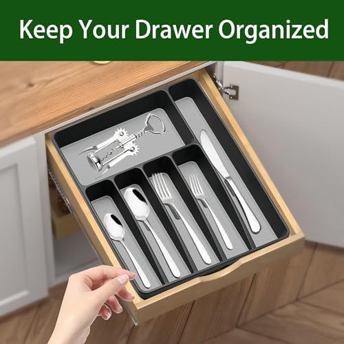Loyareal Silverware Organizer Utensil Organizer Holder Kitchen Drawer Organizer Plastic Silverware Tray for Drawer Flatware Organizer 6 Compartment Black - Image 2