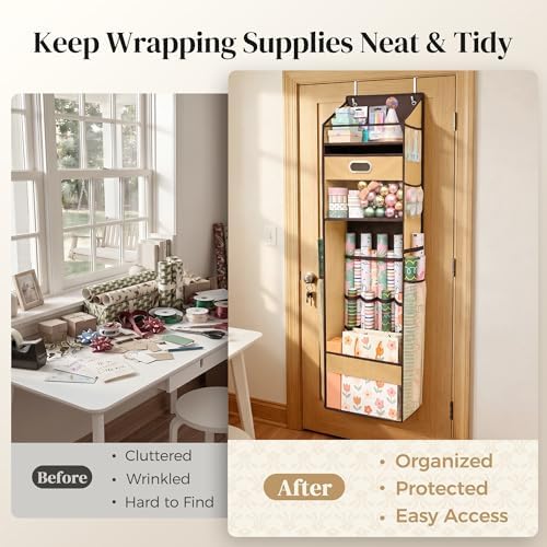 Ordovibe Wrapping Paper Storage Organizer, Over The Door Gift Wrap Holder with Removable Drawer & Side Mesh Pockets – Space Saving Closet Organizer for Christmas, Halloween, Birthday Rolls Supplies Brown - Image 2
