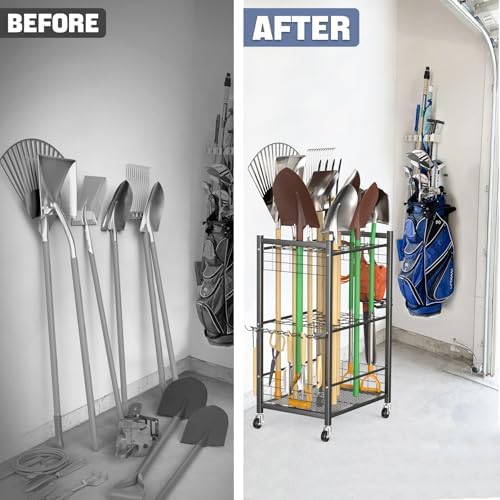 WALMANN Garden Tool Organizer on Wheels, Rakes/Shovels/Yard Tools Stand, M - Image 7