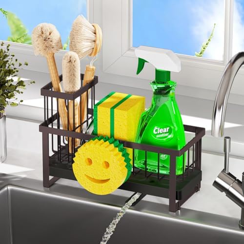 Sponge Holder for Kitchen Sink,Sink Caddy with Removable Dish Brush Holder,Self-Draining Kitchen Countertop Organizers and Storage Essentials,Soap Dispenser Organize and Home Decor-Bronze - Image 5
