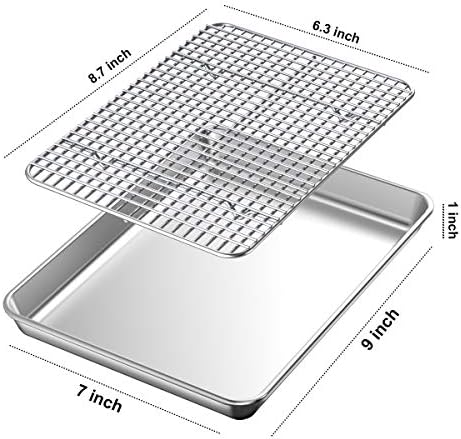 Baking Sheet with Rack Set [2 Pans + 2 Racks], Wildone Stainless Steel Cookie Sheet Baking Pan Tray with Cooling Rack, Size 9 x 7 x 1 Inch, Non Toxic & Heavy Duty & Easy Clean - Image 2