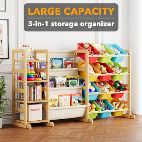 SpaceAid 3-in-1 Toy Storage Organizer with 4 Shelves and 12 Bins, Toy Organizers Storage 3-Tier Bookshelf, Kids Bin Shelf Box Bookcase for Bedroom Playroom Organization Room Decor, Multi-Colored - Image 2
