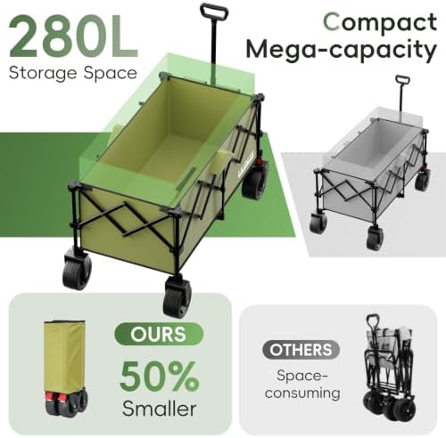 46" L Collapsible Foldable Extended Wagon, 500LB Weight Capacity with 280L Heavy Duty Folding Cart,Utility Wagon with All-Terrain Beach Wheel & Drink Holders,Green - Image 3