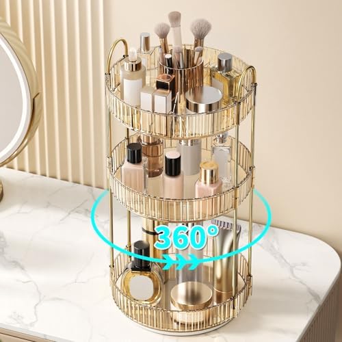 360° Rotating Makeup Organizer, Large-Capacity Skincare Make Up Storage 3 Tier Perfume Organizers Cosmetic Dresser Organizer with Makeup Brush Holder, Fits Bedroom, Bathroom, Vanity Shelf Countertop - Image 5