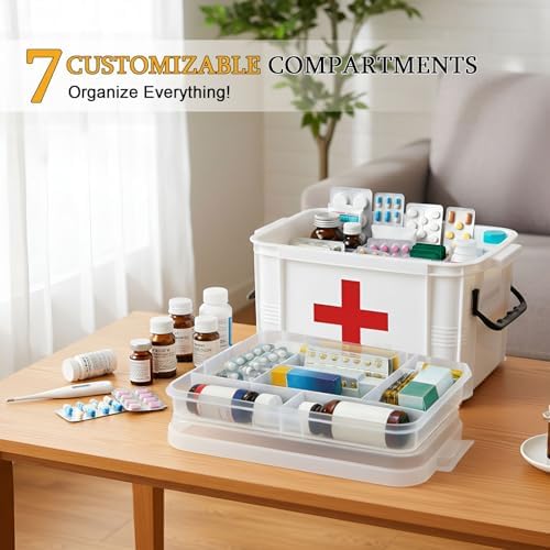 15QT Clear Medicine Organizer Box with Handle, Plastic Medicine Container with Tray First Aid Box Empty, Thickened Medicine Storage Organizer Multipurpose Medication Organizer Storage, White - Image 4