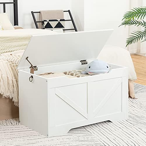 HOOBRO Storage Bench, 29.5” Retro Wooden Storage Chest with U-Shaped Cut-Out Pull, Safety Hinge, Supports 330 lb and Easy Assembly for Toy Box Organizer (White) WT77CW01G1 - Image 3