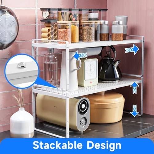 Expandable Cabinet Shelf Organizers, Kitchen Small Stand Rack Organization for Countertop Cupborad Pantry Desktop Spice Rack, White 3 Pack - Image 4