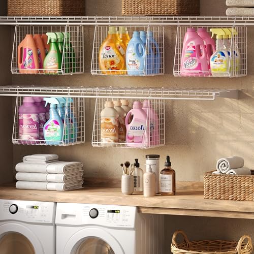 3-Pack Extra-Tall 13.6'' Hanging Laundry Basket Organizer, Foldable Wire Shelf with 360° Rotating Hooks & Reinforced Height - Durable Space-Saving Laundry Room & Closet Organizer, White Patent by Sonyabecca