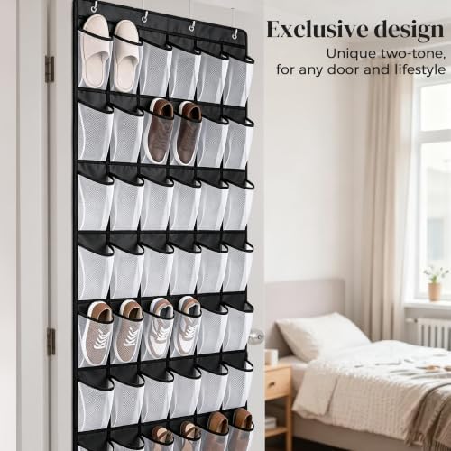 48 Pockets Over the Door Shoe Organizer, 1 Pack, 6-Column Heavy Duty Shoe Storage for Sneakers and Heels, Color Block Mesh Hanging Rack for Entryway or Bedroom, Black with White Accents - Image 4