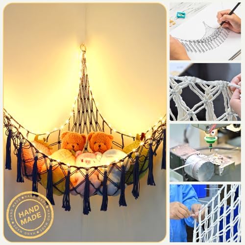 Stuffed Animal Hammock, 55in Storage Macrame Hammock with 75LEDs, Hanging Net for Kids Bedroom Doll Room Corner Organizer, USB Powered Plush Animal Storage Net with Remote (Dark Blue, XL) - Image 4