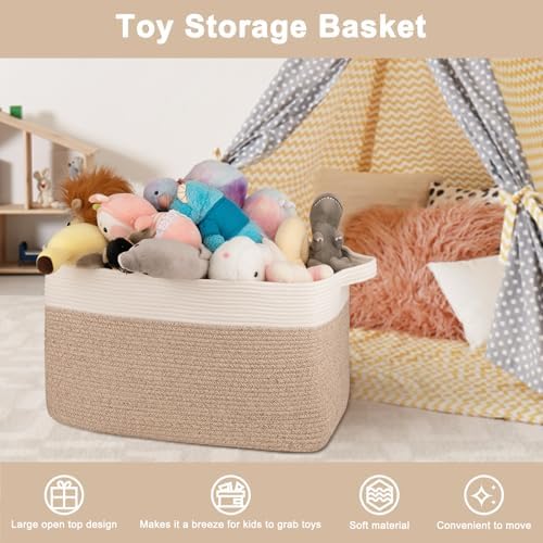 OIAHOMY Extra Large Blanket Basket, 95L Cotton Rope Woven Laundry Basket, Toy Bin for Baby Room, Container for Blanket Storage in Living Room, 24''×17''×14'', Brown & White - Image 5