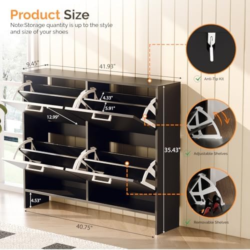 VINGLI Black Shoe Cabinet for Entryway, Ultra Slim Shoe Rack Storage with 4 Flip Drawers, Modern Narrow Shoe Organizer for Hallway, Hidden Sneaker Cupboard, 42 Inch Wide - Image 2