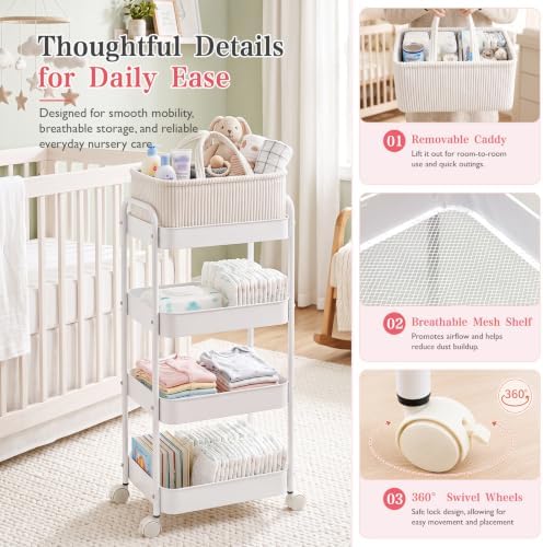 Baby Diaper Caddy 4 Tier Rolling Storage Cart with Wheels for Baby Bedside - Image 6