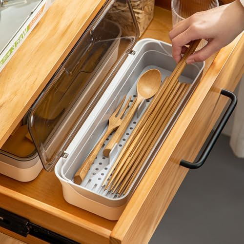 Plastic Kitchen Drawer Organizer with Lid and Drainer Stackable Utensil Holder for Countertop Silverware Tray Flatware Organizers - 13x4.7x2.4 Inch Spatula Cutlery Storage Box - Image 4