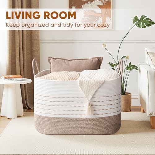 OIASKET XXL Large Blanket Basket for Living Room, 108L Woven Storage Baskets for Organizing, Rectangle Cotton Rope Basket Toy Chest With Handles--Brown & White - Image 2