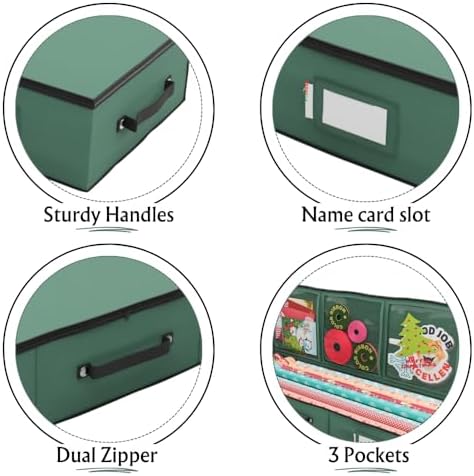Primode Wrapping Paper Storage Container | Gift Wrap Organizer Under Bed | 41”x14”x6” | Box Holder for 18-24 Rolls Up to 40” | 600D Oxford Material | Pockets for Ribbon, Bows, and Accessories (Green) - Image 3
