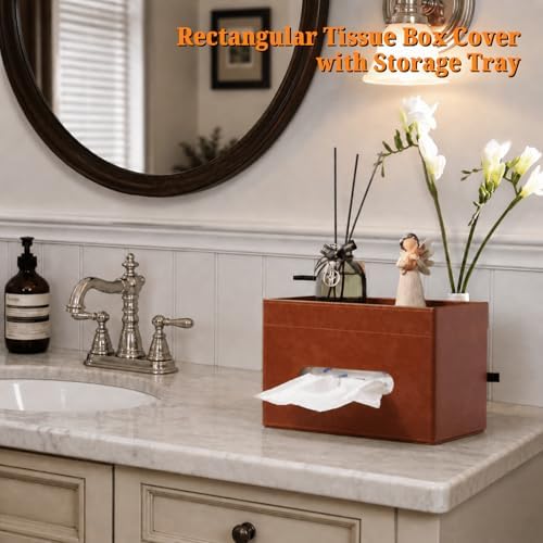 LAMOTI Tissue Box Cover Rectangle with Storage, PU Leather Tissue Holder - Image 2