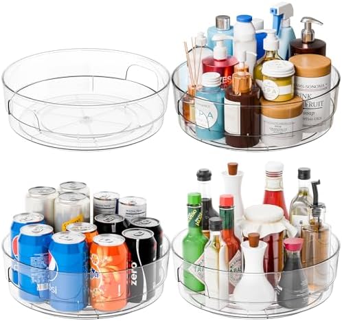 Yieach 4 Pack 12" W Clear Acrylic Lazy Susan Turntable for Cabinet,Refrigerator,Pantry and Kitchen - with Handle - Large Fridge Sauce Condiment Turn Table Organizer,Spinning Round Spice Rack Carousel by Yieach
